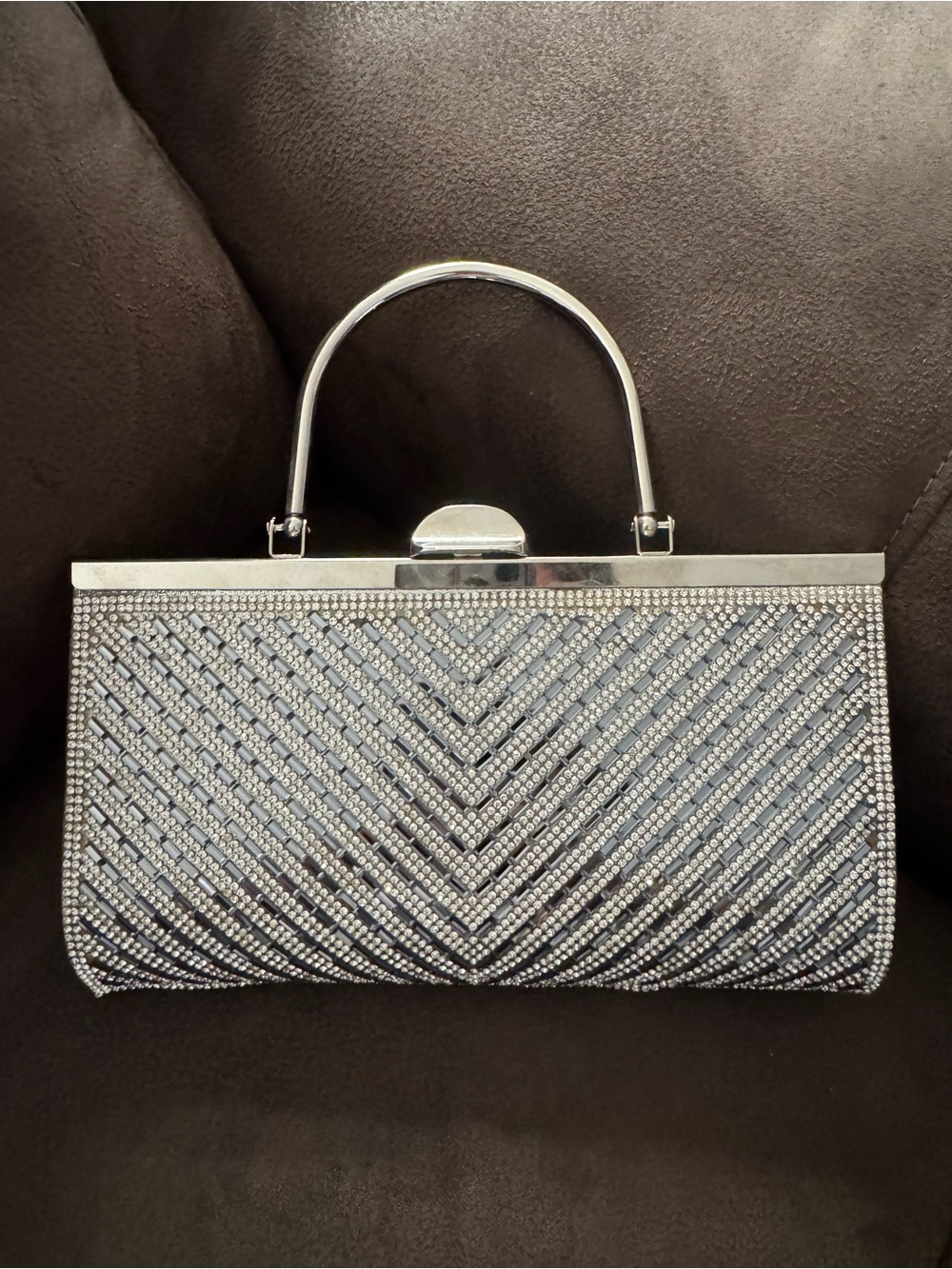 Silver Crystal-Embellished Evening Bag - Top Handle